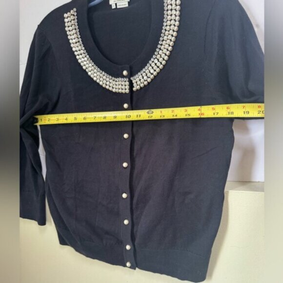 Kate Spade Pearl Crystal Rhinestone Beaded Preppy Cotton Cardigan Sweater Crew L - Picture 15 of 16